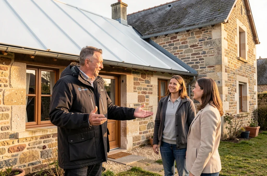 Conseiller de 2AH Auvergne Amélioration de l'Habitat présentant une rénovation de toiture à des propriétaires dans le Puy-de-Dôme