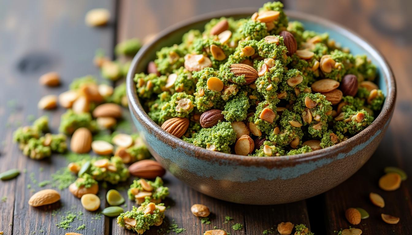 découvrez comment préparer rapidement un délicieux granola au matcha inspiré par claire. une recette simple et saine, parfaite pour vos petits déjeuners et en-cas !