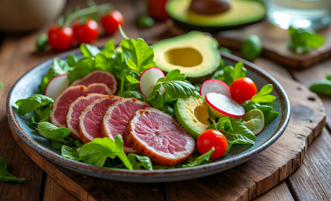 découvrez comment sublimer votre table avec une salade au magret de canard fumé et avocat, une recette raffinée qui impressionnera vos convives par sa fraîcheur et son élégance.