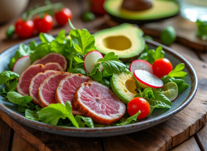 découvrez comment sublimer votre table avec une salade au magret de canard fumé et avocat, une recette raffinée qui impressionnera vos convives par sa fraîcheur et son élégance.