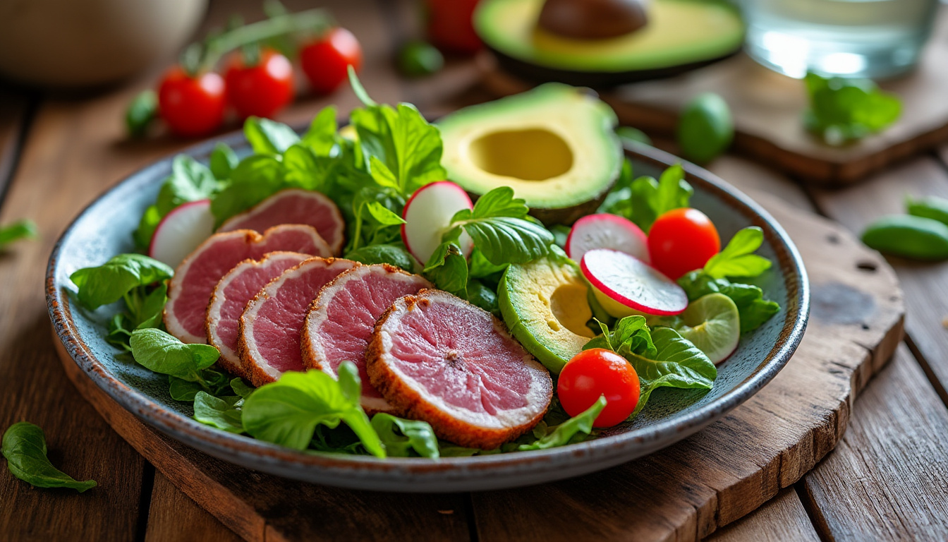 découvrez comment sublimer votre table avec une salade au magret de canard fumé et avocat, une recette raffinée qui impressionnera vos convives par sa fraîcheur et son élégance.