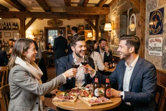 Groupe de jeunes professionnels en afterwork dans une brasserie alsacienne à Strasbourg, trinquant avec des verres de vin et de bière artisanale