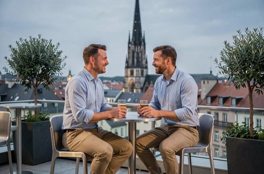 Deux collègues en afterwork sur une terrasse rooftop à Strasbourg avec la cathédrale en arrière-plan au crépuscule