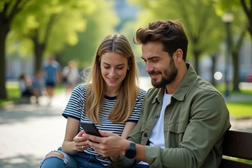 Deux amis consultant ensemble une application de rencontre sur un banc de parc, discutant de la fonctionnalité des likes sur Fruitz et de son coût