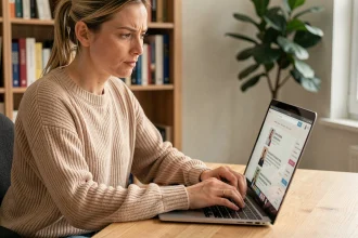 Femme consultant des avis clients sur un site de shopping en ligne depuis son bureau à domicile