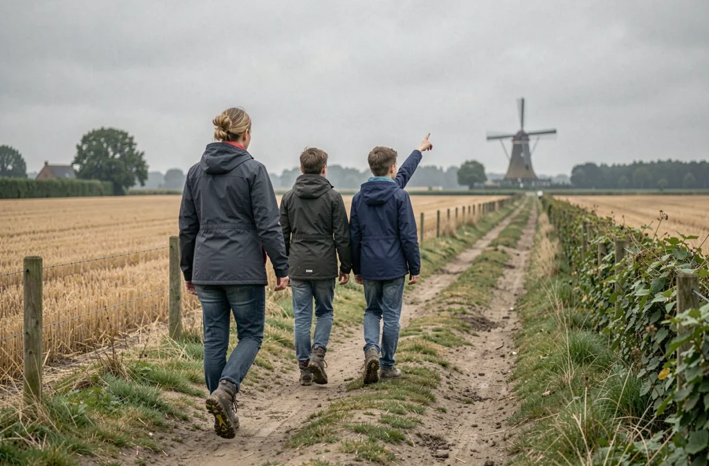 Mère et adolescents en randonnée sur un sentier plat de la campagne flamande dans le Nord 59, avec moulin à vent au loin