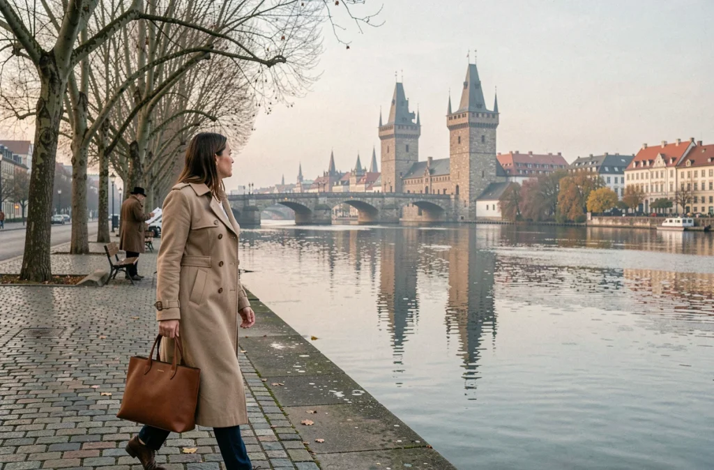 Femme se promenant le long des quais de l'Ill à Strasbourg après le travail, avec les Ponts Couverts en arrière-plan en automne