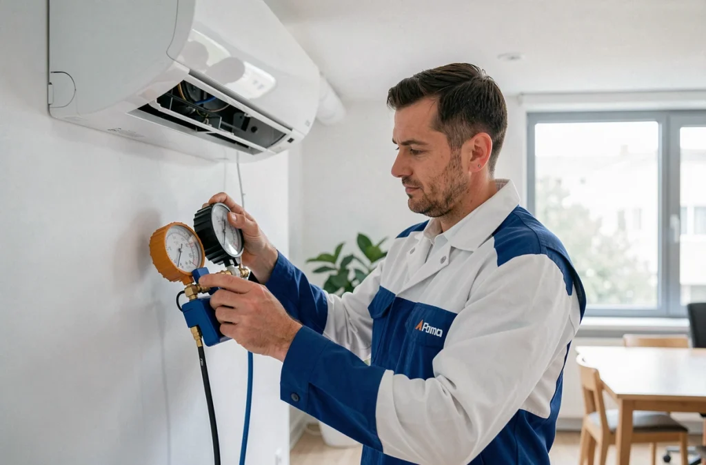 Technicien de Bouvry Technique Chauffage Climatisation entretenant une unité de climatisation dans un bureau de l'Oise