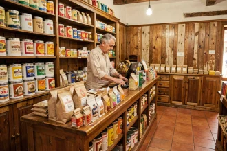Intérieur d'un bureau de tabac espagnol avec des seaux de tabac 1kg exposés sur des étagères en bois