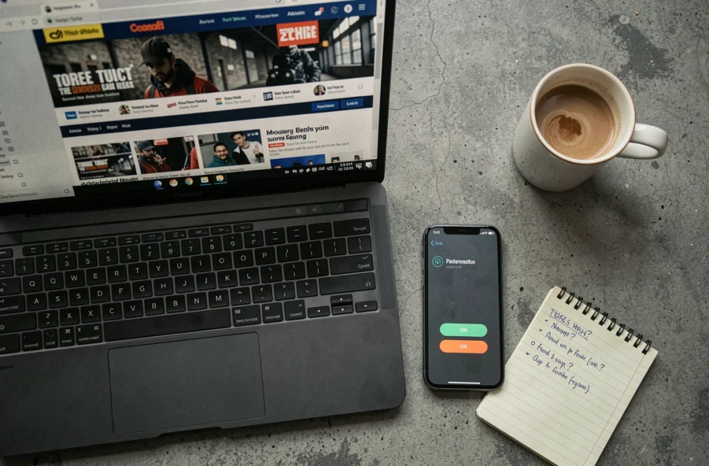 Vue aérienne d'un bureau avec laptop, smartphone avec VPN activé et notes manuscrites sur la légalité des sites de torrents