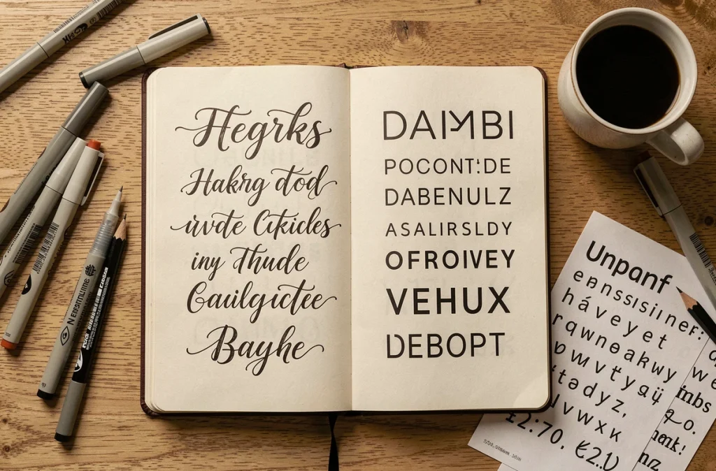 Carnet de croquis ouvert sur des expériences d'association de polices manuscrites entouré de marqueurs et de fiches typographiques
