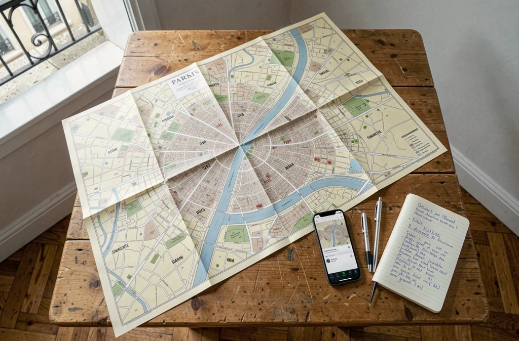 Vue à plat d'une carte de Paris détaillée avec arrondissements numérotés posée sur une table en bois