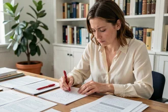 Femme qui relit et corrige attentivement un document écrit à la main avec un stylo rouge sur un bureau en bois