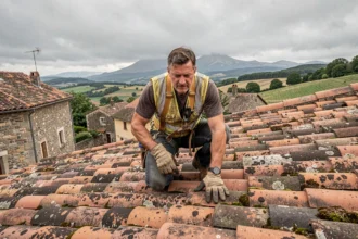 Couvreur professionnel travaillant sur un toit en tuiles dans le Puy-de-Dôme avec le paysage auvergnat en arrière-plan