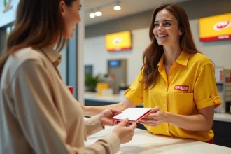 Femme remettant une lettre recommandée à un employé La Poste au guichet d'un bureau de poste en France