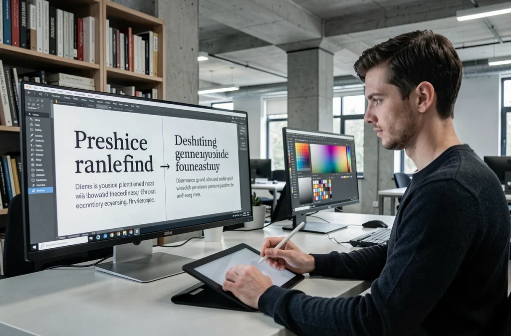 Designer comparant des associations de polices serif et sans-serif sur deux écrans dans un bureau moderne
