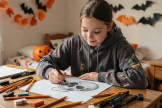 Adolescente dessinant un crâne effrayant pour Halloween à son bureau avec des crayons et encre noire