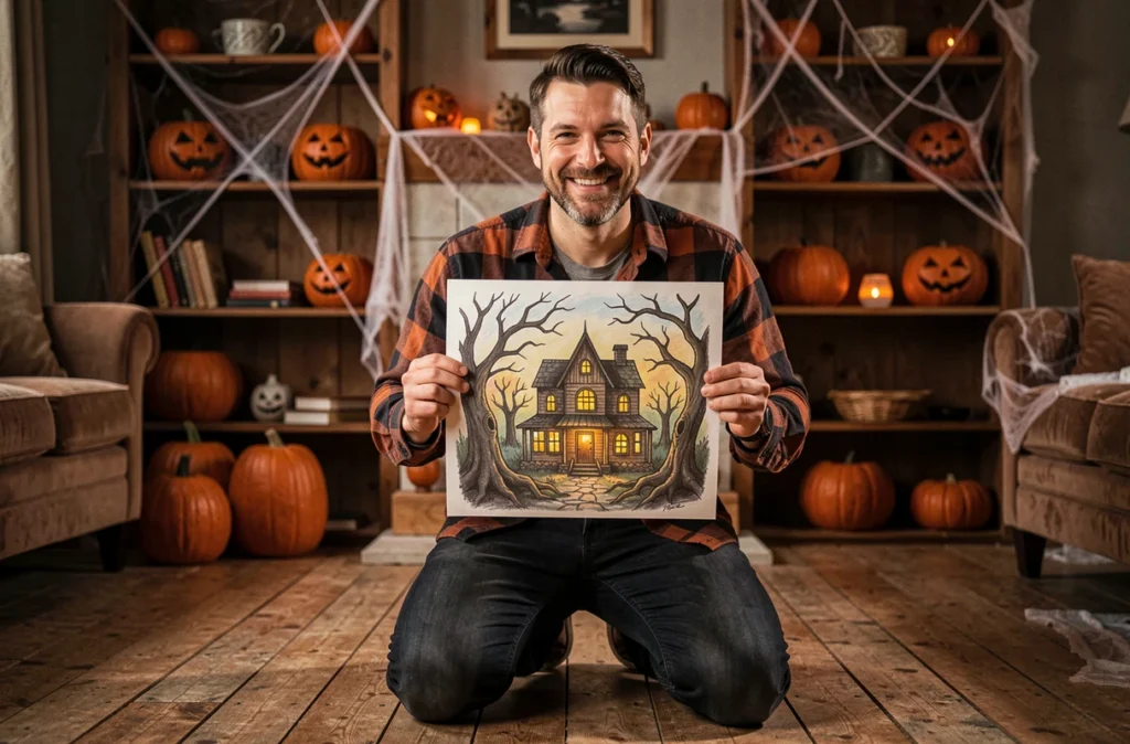 Homme adulte présentant un dessin d'horreur d'Halloween représentant une maison hantée dans un salon décoré