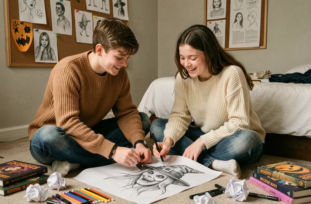 Deux adolescents dessinant ensemble une sorcière effrayante pour Halloween entourés de fournitures artistiques