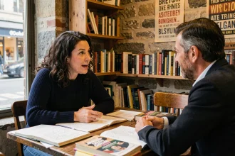 Deux personnes discutant du langage courant et du breton autour de notes manuscrites dans un café aux murs en pierre