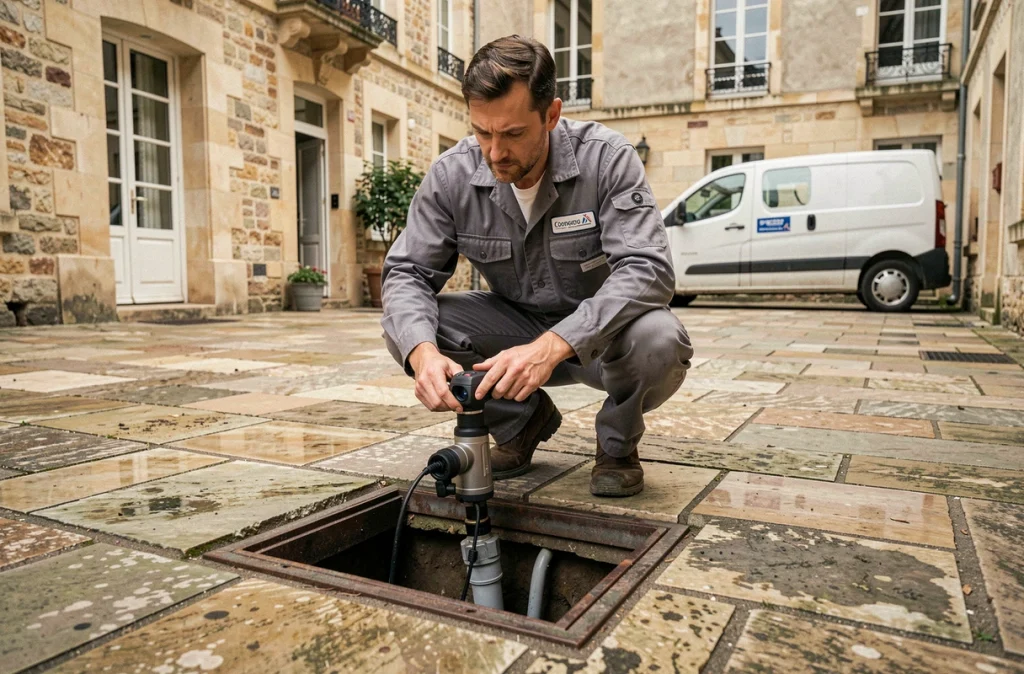 Technicien DRC inspectant un réseau de drainage avec une caméra dans une cour résidentielle de l'Oise