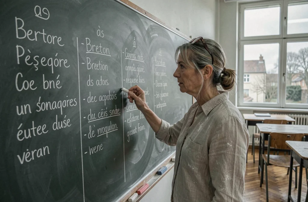 Enseignante devant un tableau comparatif du français courant, du breton et du verlan dans une salle de cours