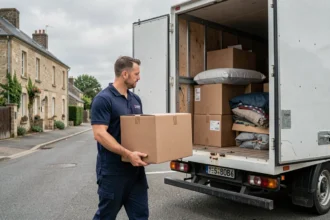 Déménageur professionnel chargeant des cartons dans un camion de déménagement devant une maison en Normandie