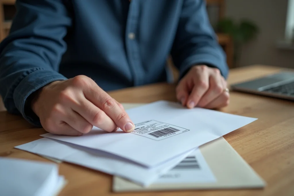 Homme collant une étiquette de suivi sur une enveloppe blanche dans un bureau à domicile