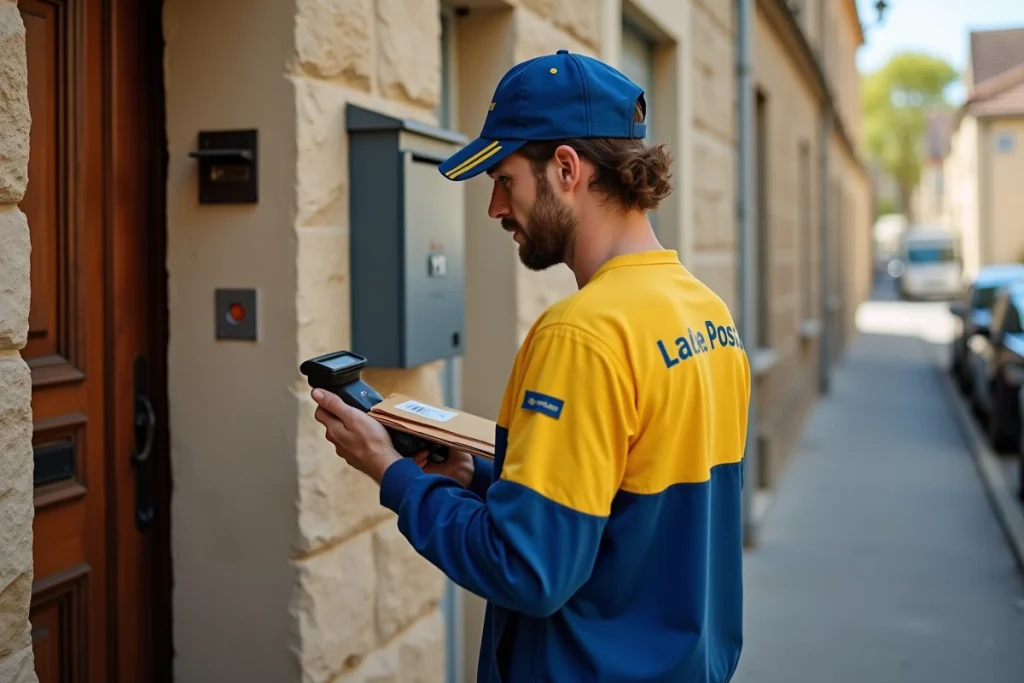 Facteur La Poste scannant une lettre suivie devant une porte d'entrée en zone résidentielle