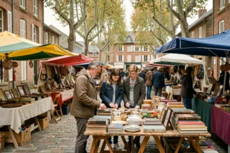 Famille parcourant une brocante en plein air sur une place pavée du Nord-Pas-de-Calais, avec étals vintage sous des bâches colorées