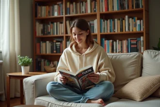 Jeune femme française lisant un manga sur son canapé entourée de sa collection de mangas