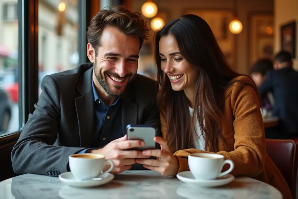 Deux fans de manga français partageant leur passion autour d'un smartphone dans un café parisien