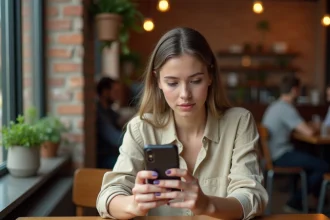 Jeune femme consultant une application de rencontre sur son smartphone dans un café, illustrant la question de l'accès aux likes sur Fruitz sans abonnement