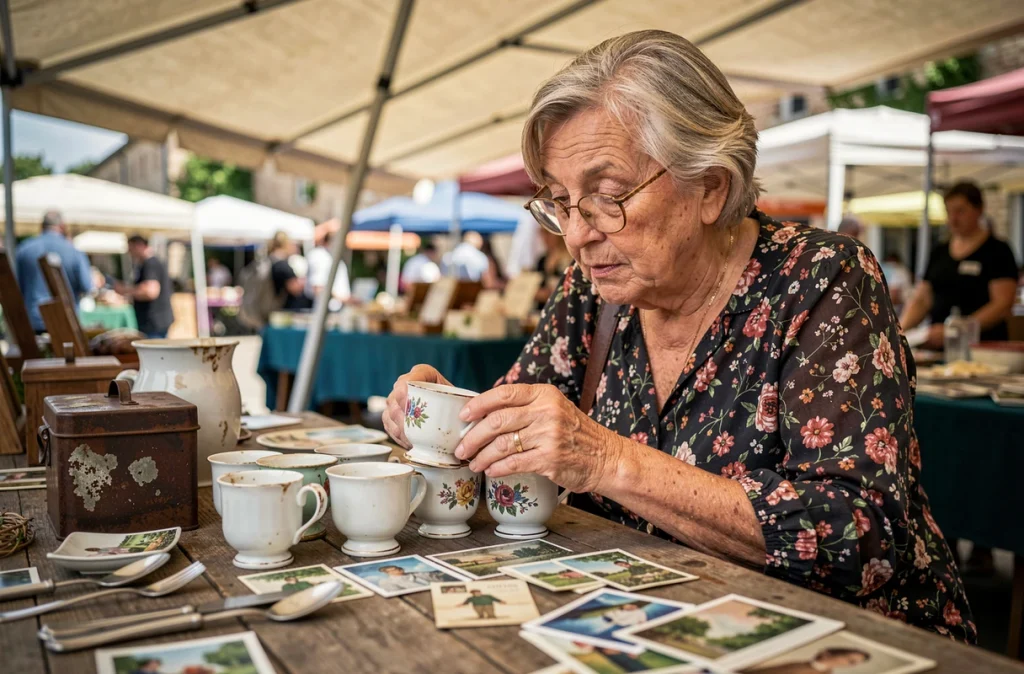 Femme âgée examinant de la vaisselle ancienne sur un vide grenier en Lot-et-Garonne lors d'une brocante estivale