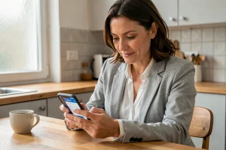 Femme utilisant l'application gouvernementale Ant sur smartphone pour effectuer des démarches administratives depuis sa cuisine