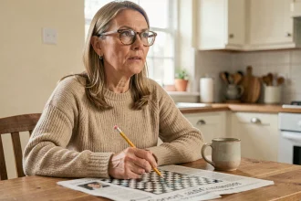 Femme concentrée en train de résoudre des mots croisés dans un journal à sa table de cuisine