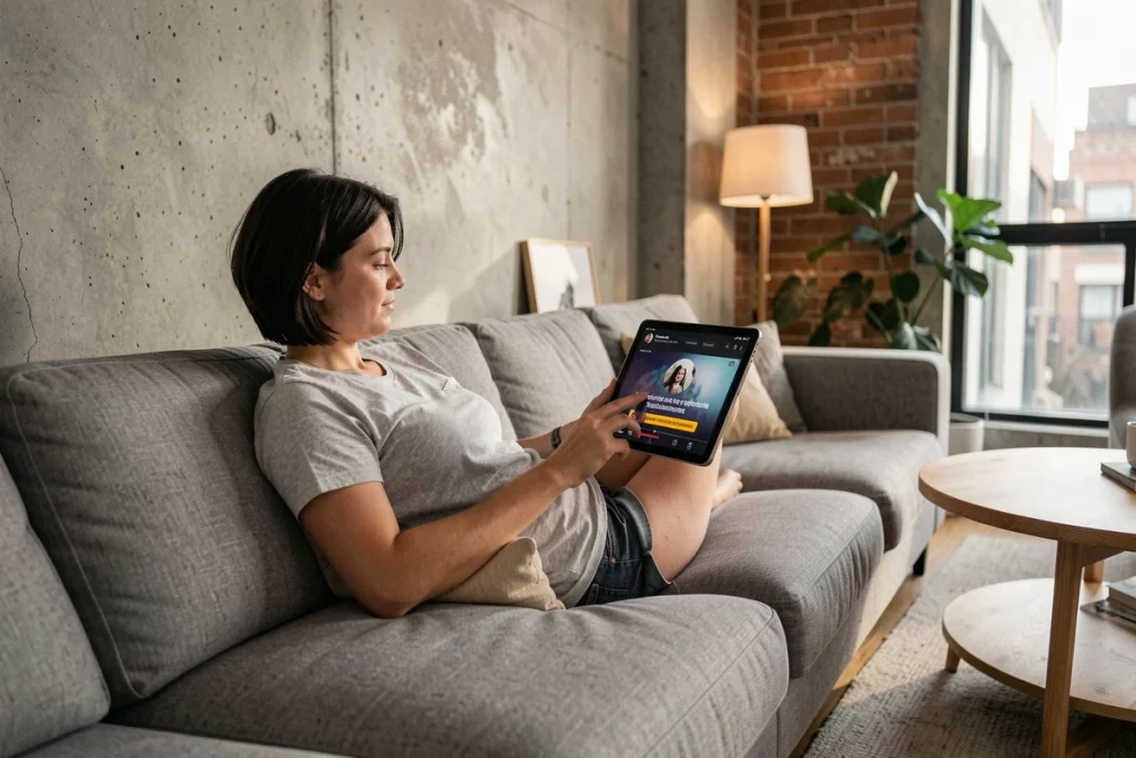 Femme sur son canapé consultant une tablette affichant un message de restriction géographique sur une plateforme de streaming vidéo