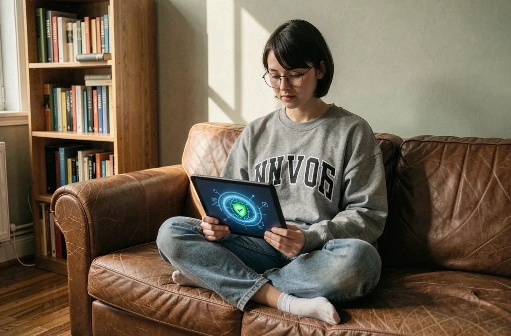 Jeune femme connectant un VPN sur tablette pour contourner les restrictions d'accès à des sites de streaming