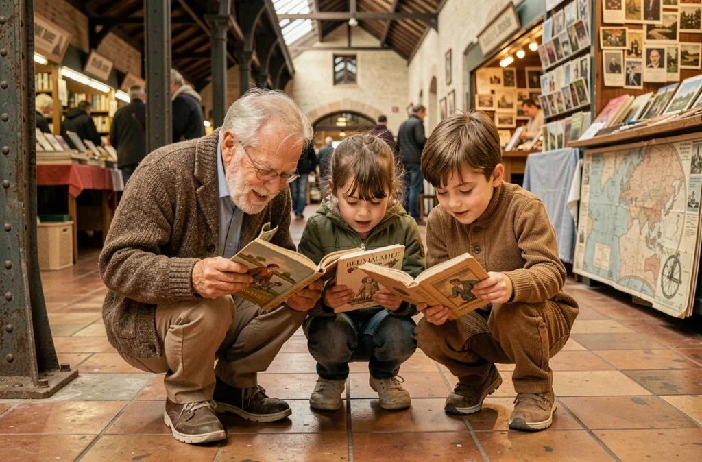 Grand-père et deux petits-enfants feuilletant des livres anciens sur un stand de marché couvert dans une ville du Nord 59