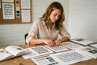 Graphiste analysant des associations de polices de caractères sur des fiches typographiques imprimées dans un studio créatif