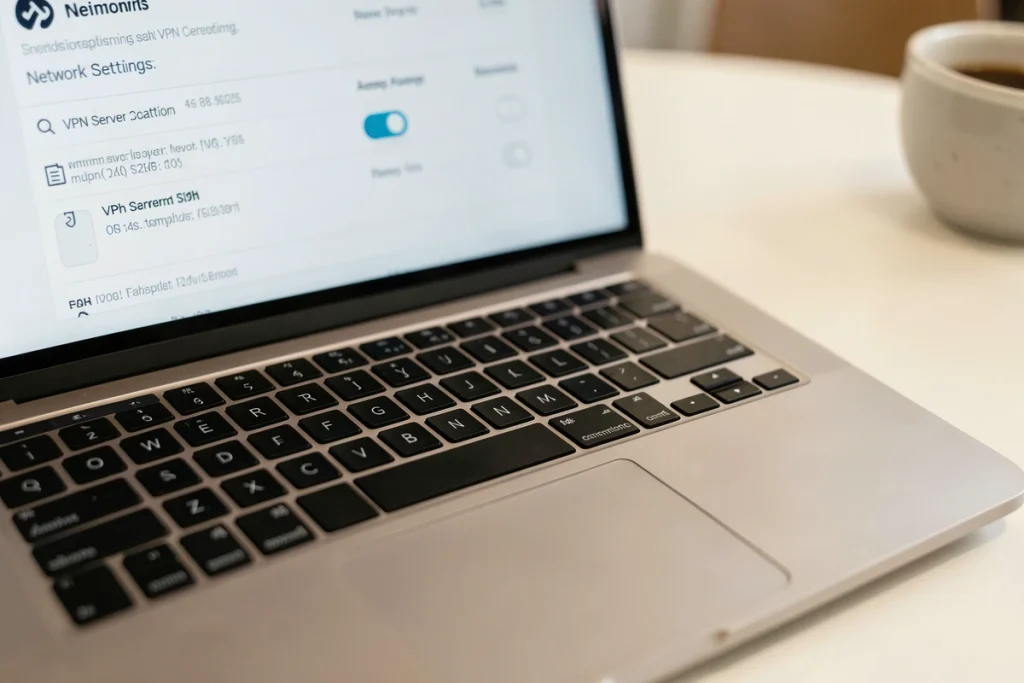 Gros plan d'un clavier d'ordinateur portable avec un panneau de configuration VPN visible en arrière-plan sur l'écran