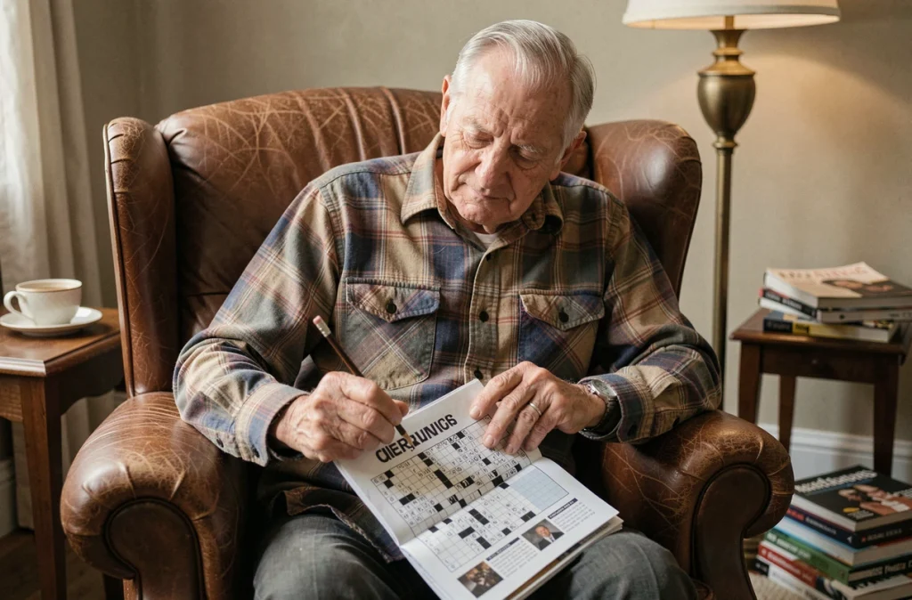 Homme âgé résolvant des mots croisés dans un magazine depuis son fauteuil en cuir