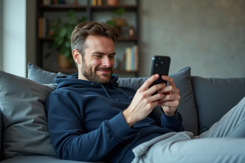 Homme allongé sur un canapé modern vérifiant son application de rencontre Fruitz, symbolisant la réflexion sur le paiement pour voir ses likes