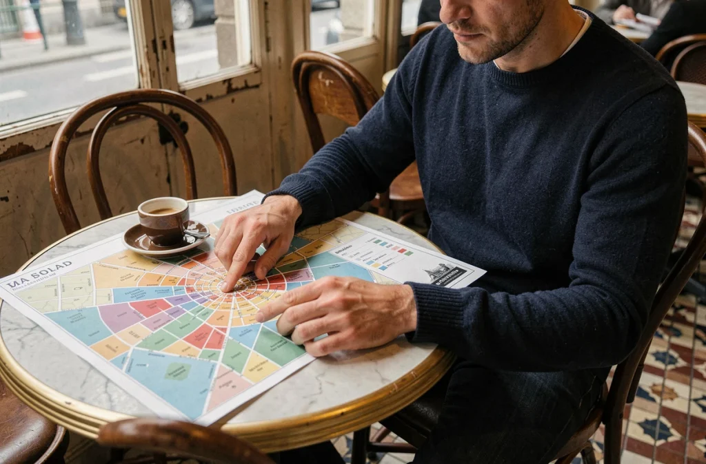 Homme étudiant une carte des arrondissements de Paris dans un café traditionnel parisien