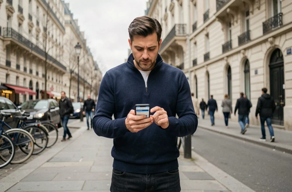 Homme réalisant ses démarches administratives en ligne via smartphone dans une rue de Paris