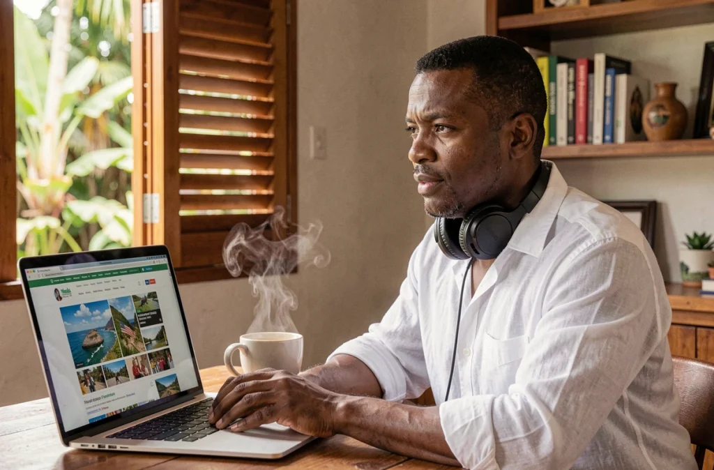 Homme réunionnais consultant un site d'actualités local depuis son domicile