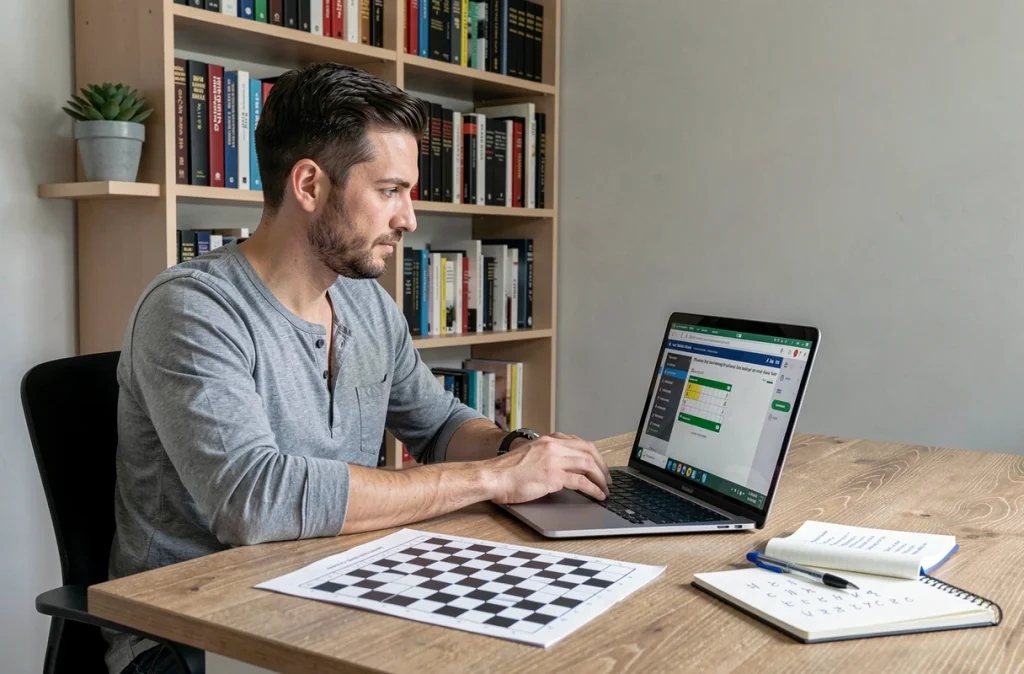 Homme utilisant un solveur de mots en ligne sur ordinateur pour résoudre des mots croisés