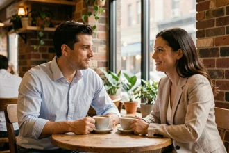 Un homme Vierge attentif en conversation authentique avec une femme dans un café chaleureux, illustrant la compatibilité astrologique et l'attirance entre signes du zodiaque