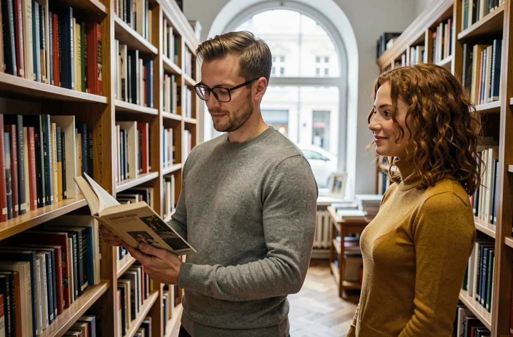 Homme Vierge posé et intellectuel dans une librairie, croisant le regard intéressé d'une femme, symbolisant les affinités astrologiques et les signes attirés par la Vierge