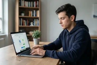 Homme utilisant un VPN sur son ordinateur portable dans un bureau à domicile pour accéder à des contenus vidéo bloqués